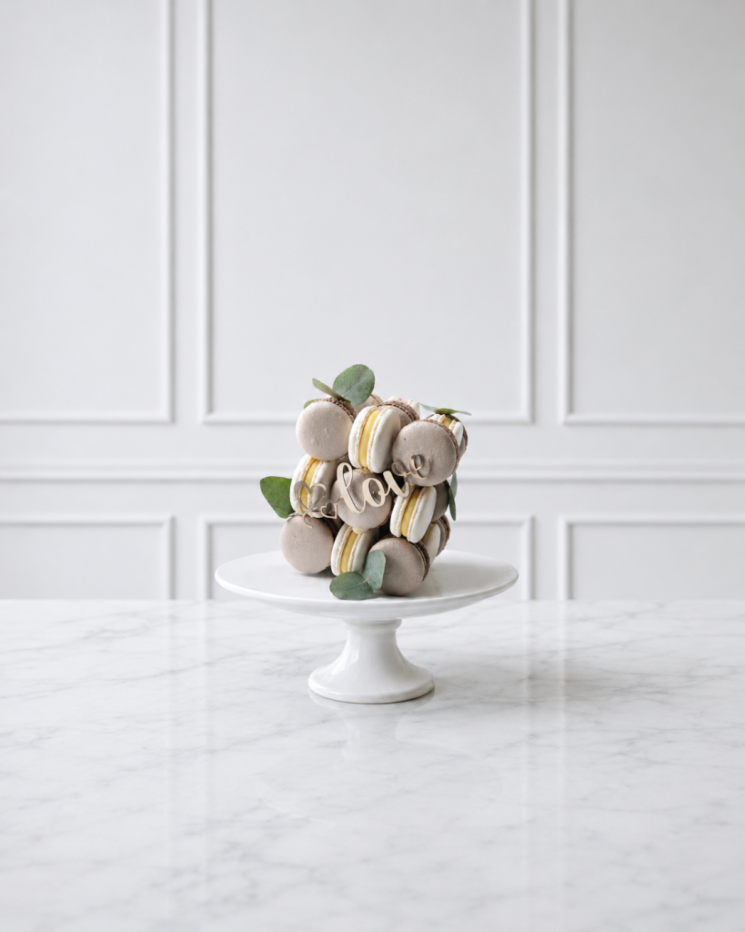 Tort Love decorat cu macarons și eucalipt