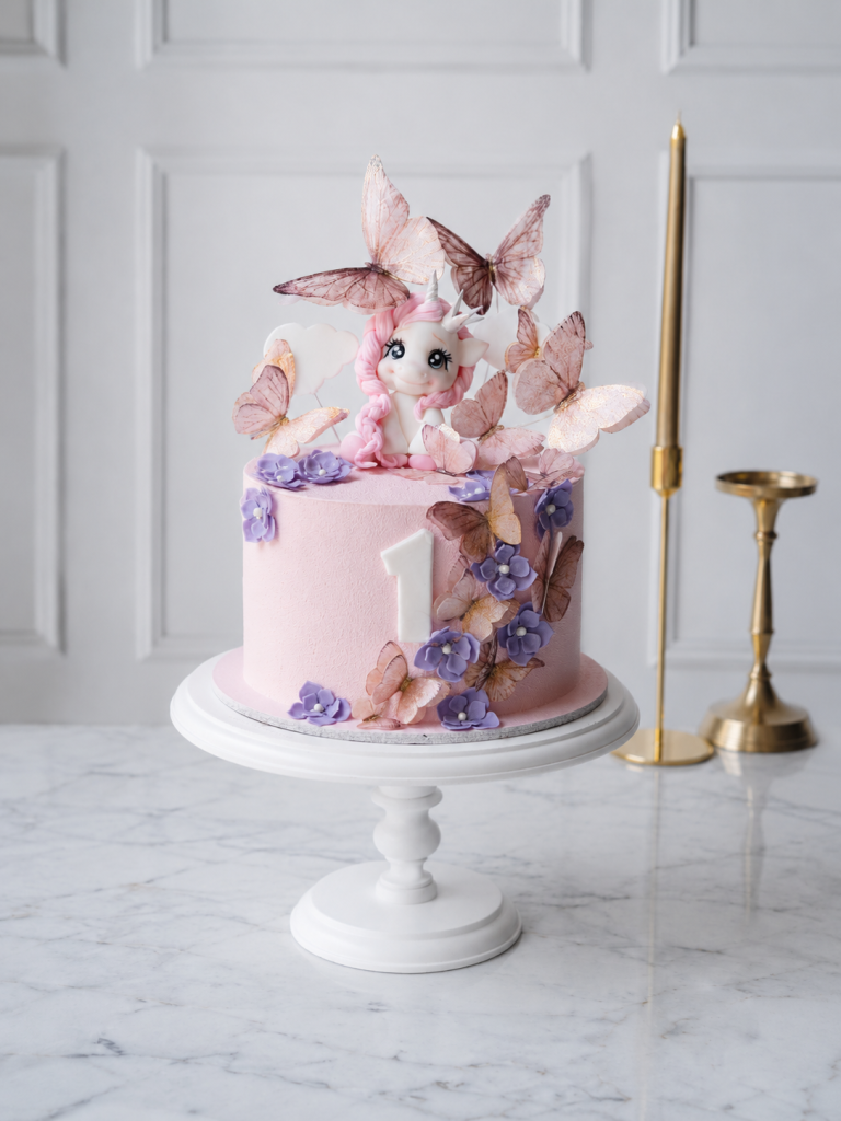 Tort aniversar 1 an cu unicorn, fluturi și flori mov