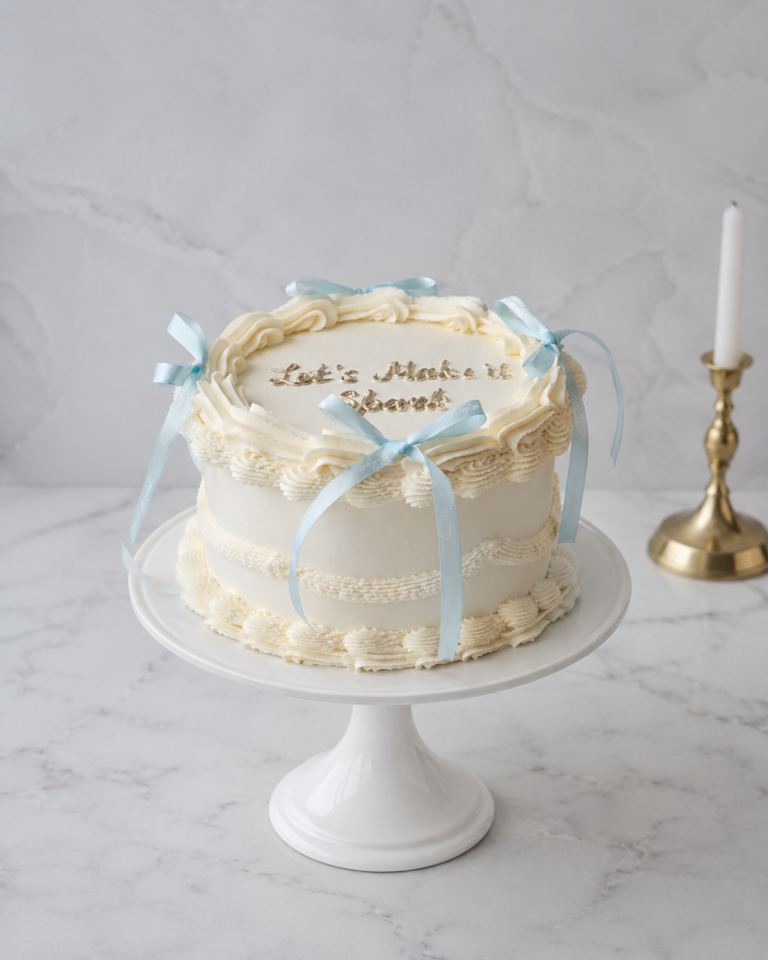 Tort aniversar alb vintage cu fundițe bleu și mesaj personalizat