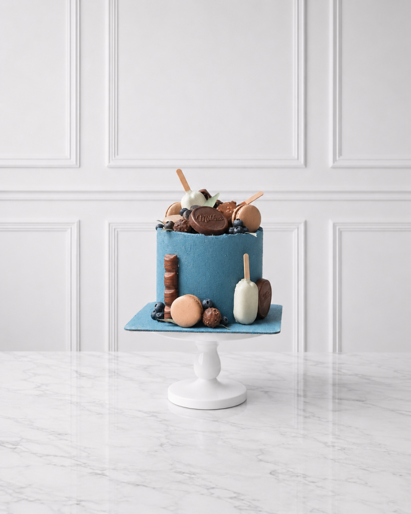 Tort aniversar albastru cu dulciuri, macarons și fructe