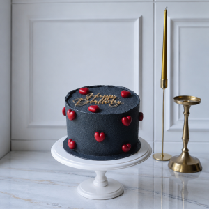 Tort aniversar negru cu inimioare roșii și topper Happy Birthday
