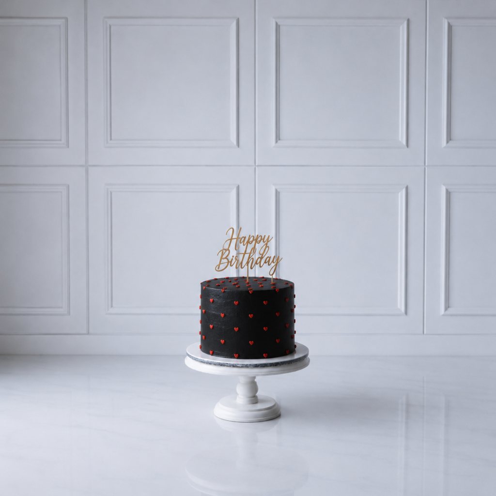 Tort aniversar negru cu inimioare roșii și topper Happy Birthday