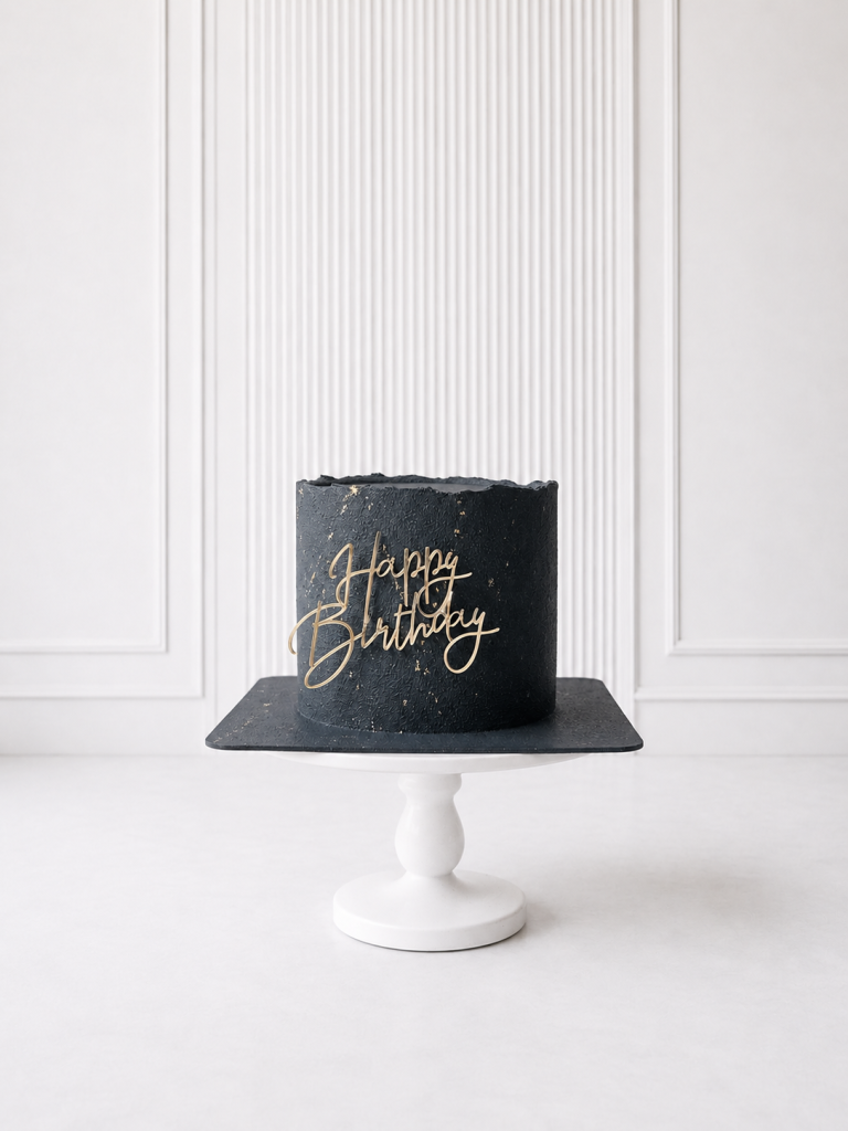 Tort aniversar negru cu mesaj Happy Birthday