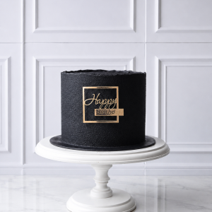 Tort aniversar negru cu topper auriu Happy Birthday