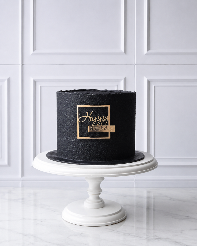 Tort aniversar negru cu topper auriu Happy Birthday