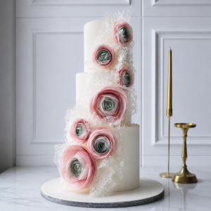 Tort elegant cu flori roz și decor dantelat – 3 etaje