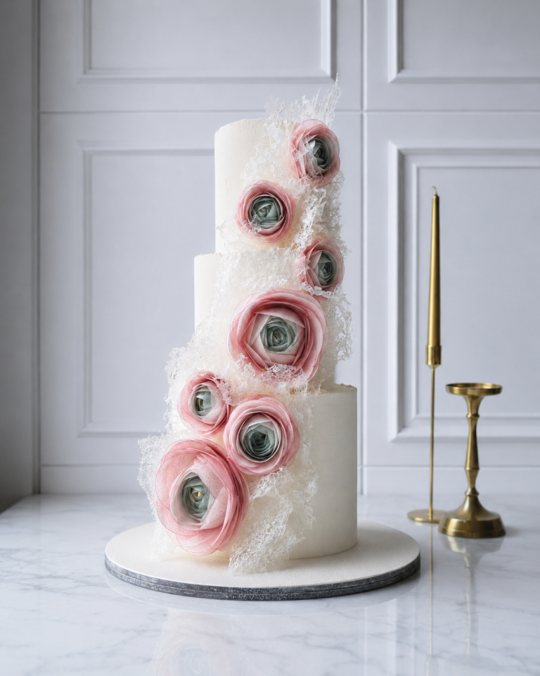Tort elegant cu flori roz și decor dantelat – 3 etaje