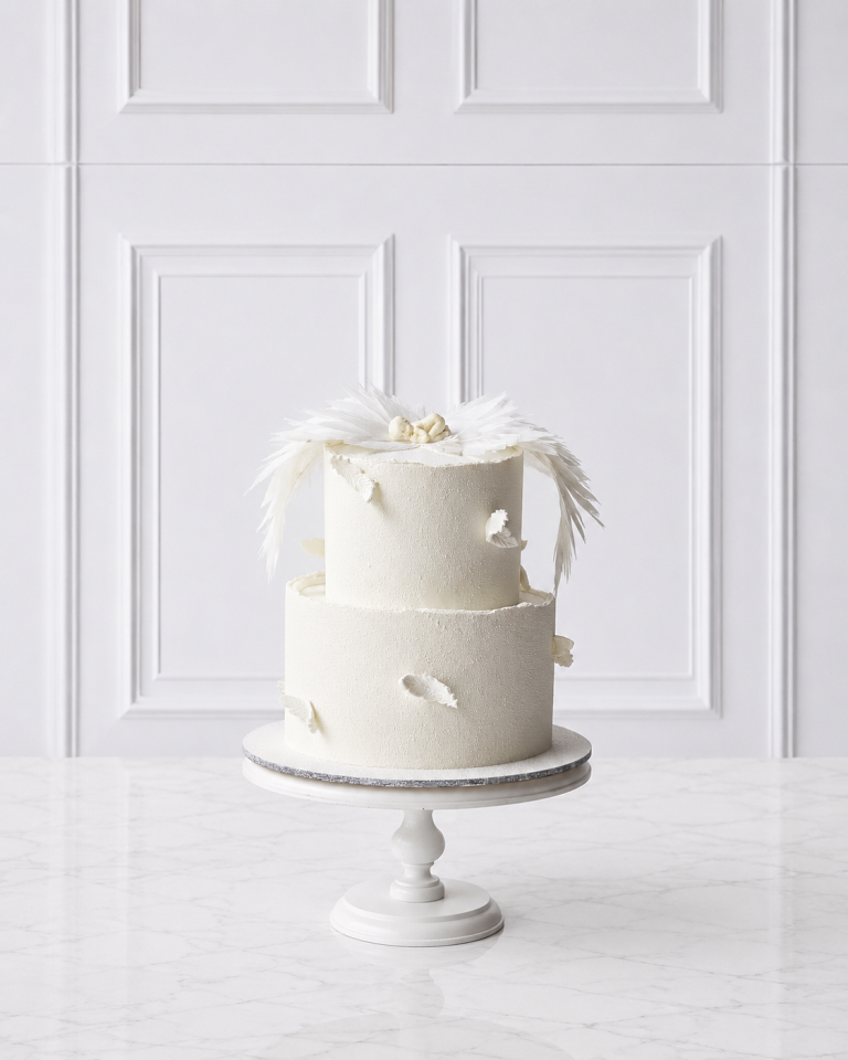 Tort elegant alb cu 2 etaje și decor tip pene