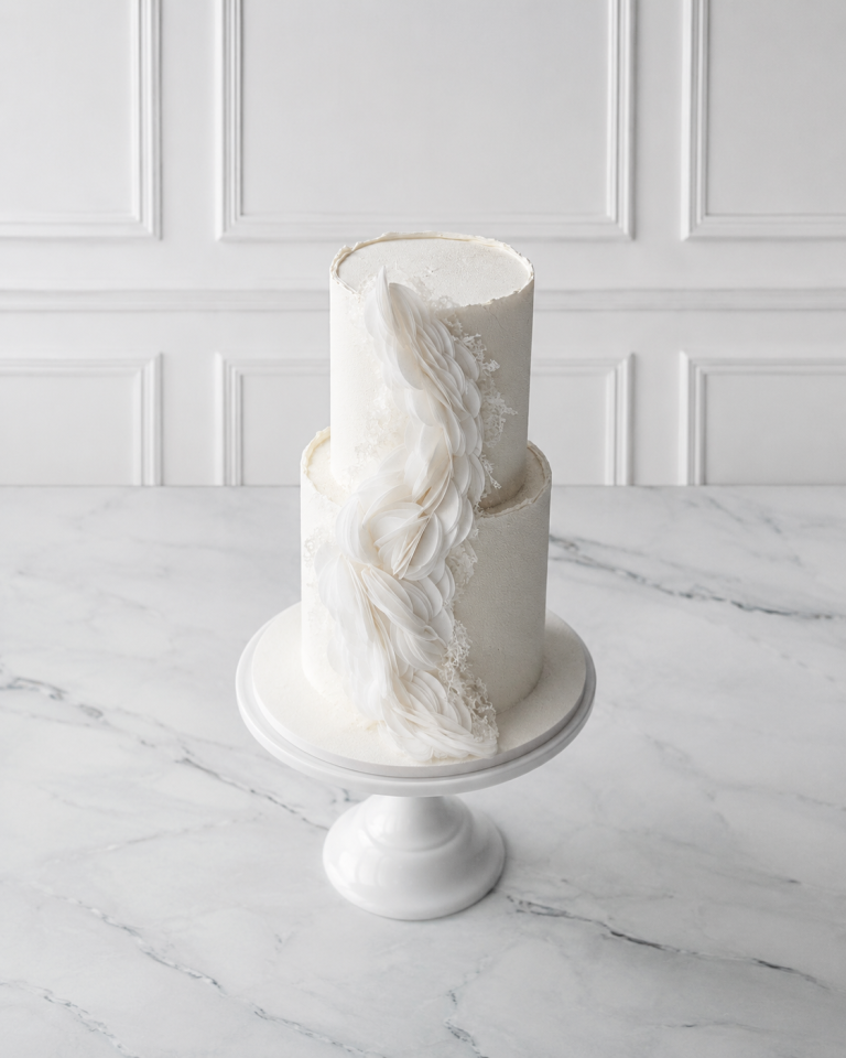 Tort elegant alb cu 2 etaje și decor tip petale în cascadă