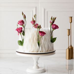 Tort elegant alb cu textură ondulată și flori roz
