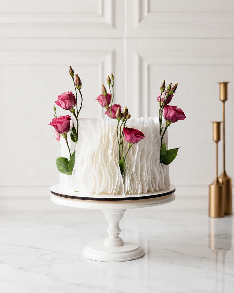 Tort elegant alb cu textură ondulată și flori roz