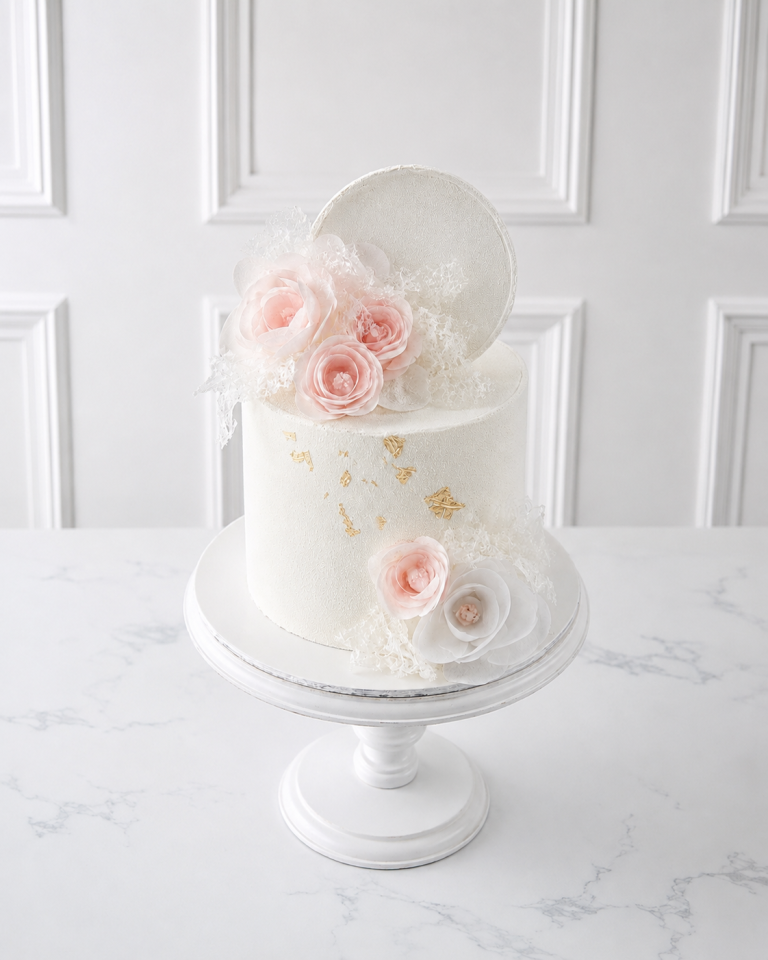 Tort elegant alb cu flori roz, decor dantelat și accente aurii