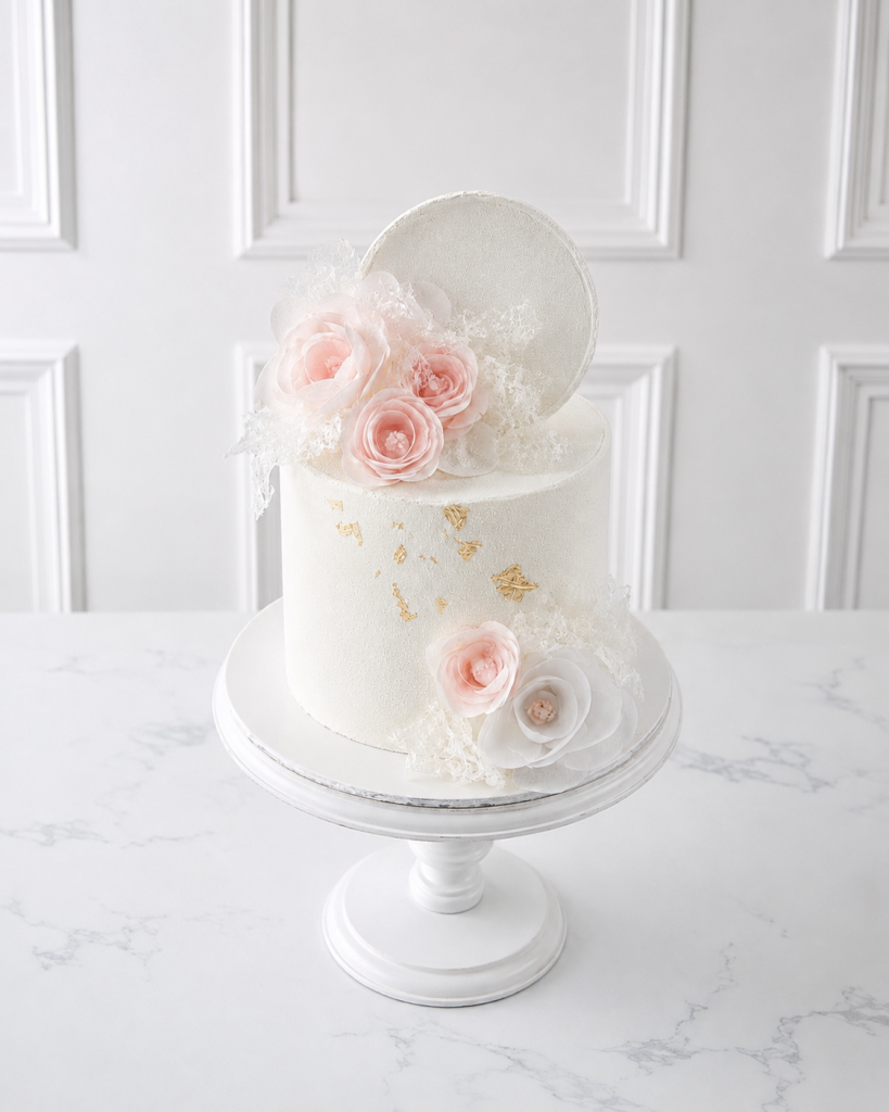 Tort elegant alb cu flori roz, decor dantelat și accente aurii
