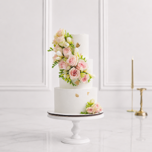 Tort etajat elegant cu trandafiri roz și accente aurii