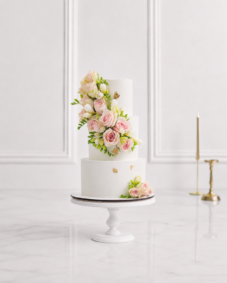Tort etajat elegant cu trandafiri roz și accente aurii