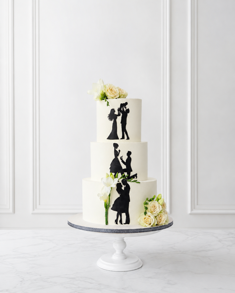 Tort etajat romantic cu siluete de cuplu și flori albe