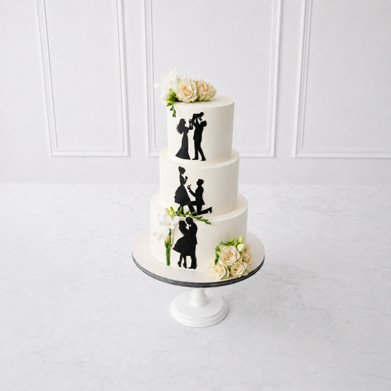 Tort etajat romantic cu siluete de cuplu și flori albe