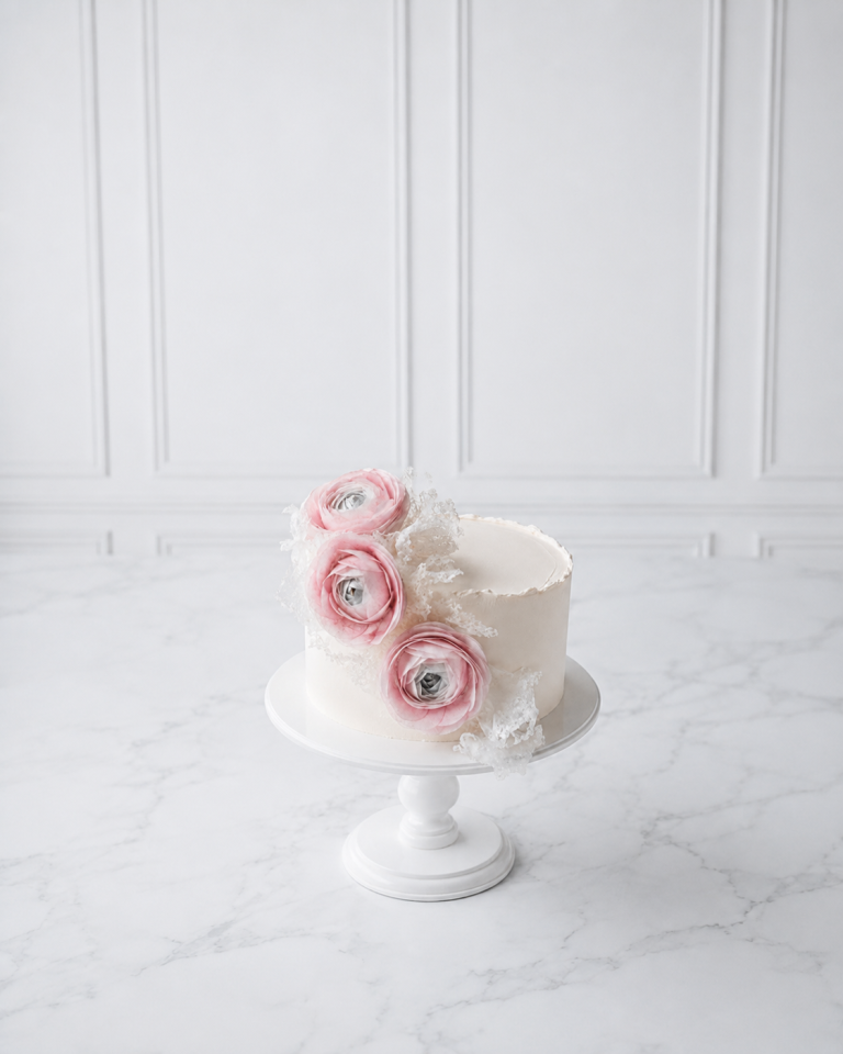 Tort floral elegant cu ranunculus roz și decor delicat