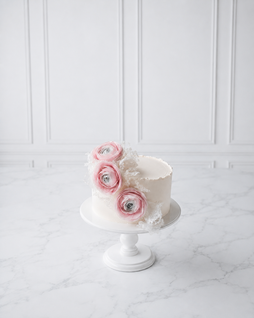 Tort floral elegant cu ranunculus roz și decor delicat