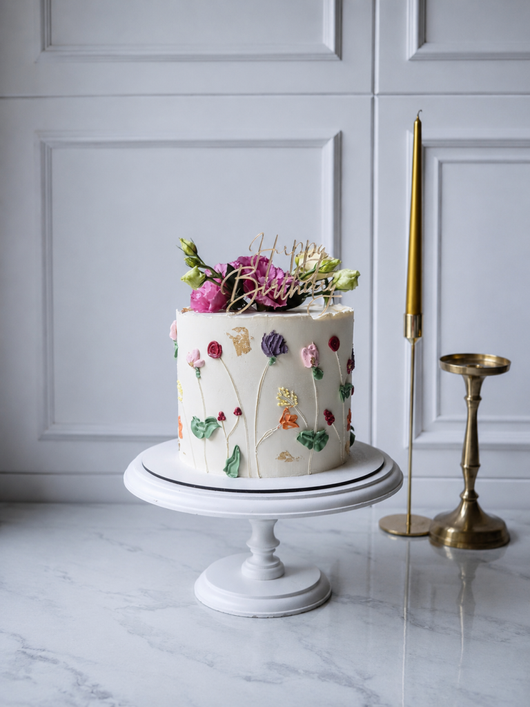 Tort floral elegant cu topper Happy Birthday