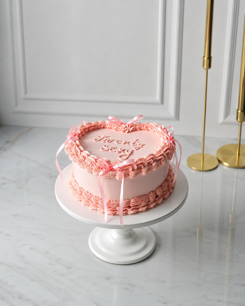 Tort inimă roz cu mesaj personalizat și panglici