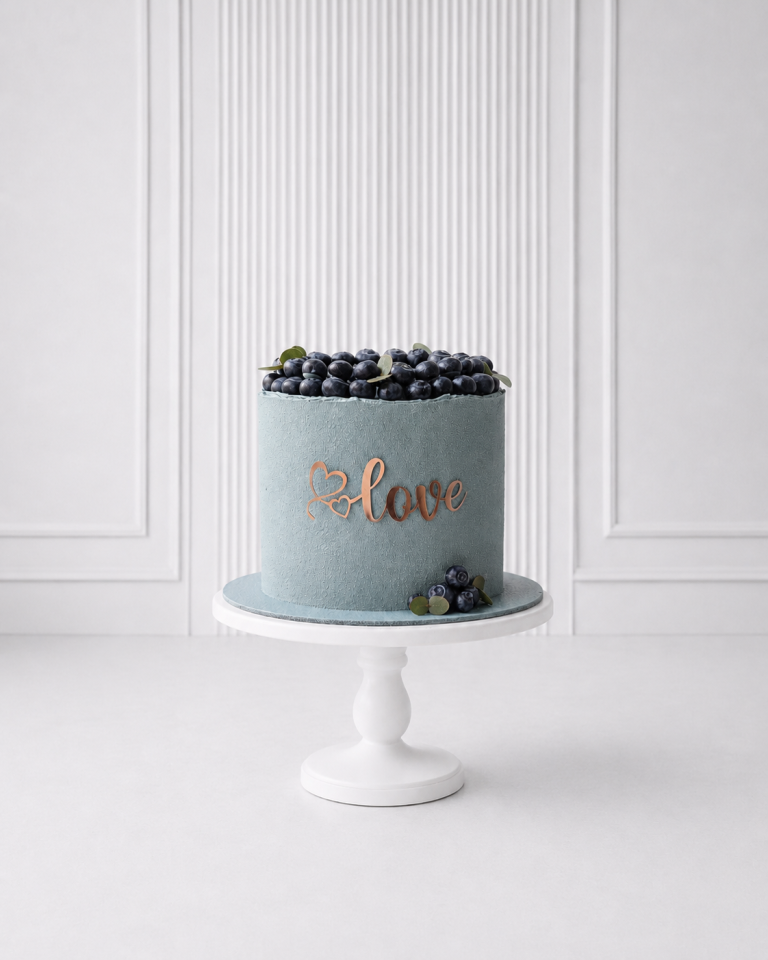 Tort Love cu afine și decor bleu pastel