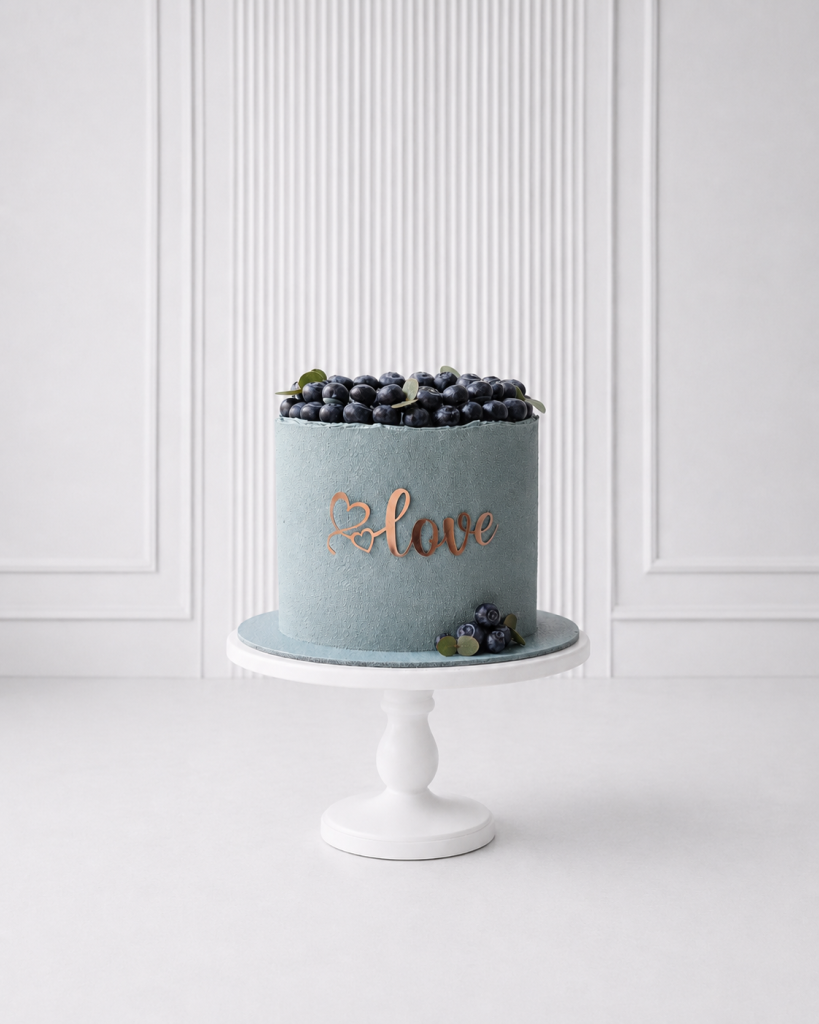 Tort Love cu afine și decor bleu pastel