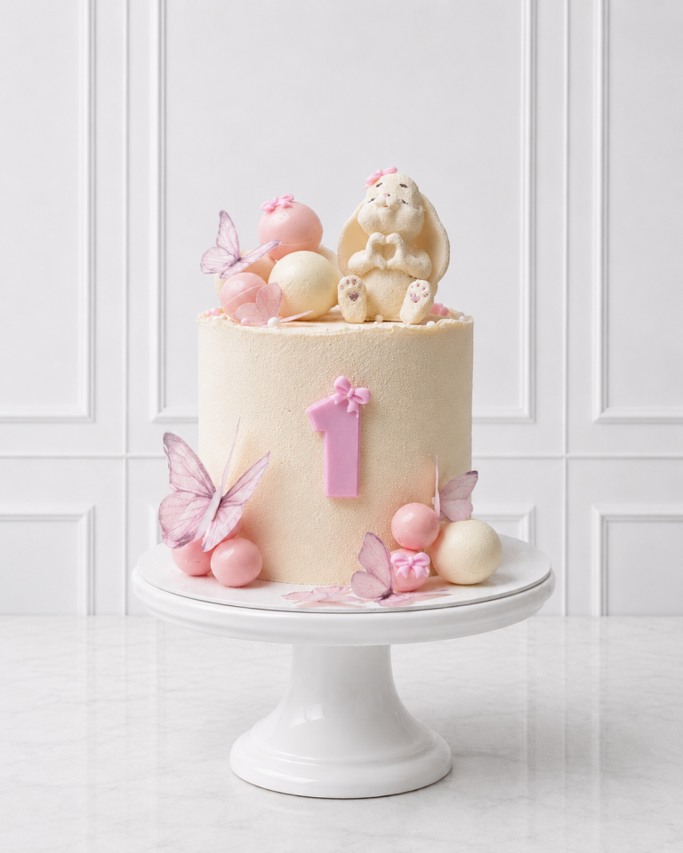 Tort aniversar 1 an cu iepuraș, fluturi roz și bile pastel
