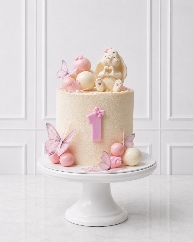 Tort aniversar 1 an cu iepuraș, fluturi roz și bile pastel