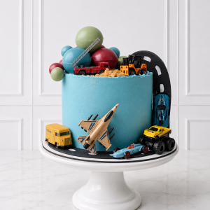 Tort aniversar pentru copii cu mașinuțe, avion și decor transpor
