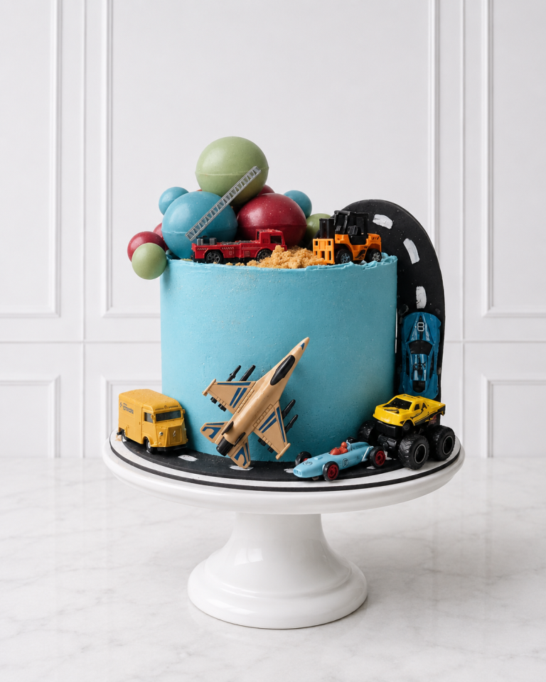 Tort aniversar pentru copii cu mașinuțe, avion și decor transpor