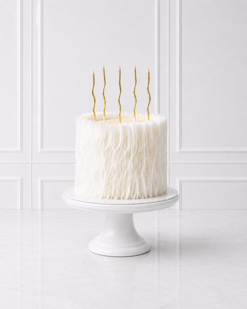 Tort minimalist alb cu petale și lumânări aurii